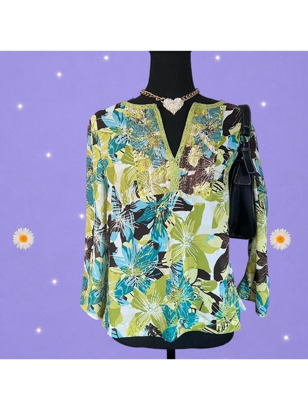 Vintage Y2K New York & Company Floral Boho Beaded Peasant Top size medium